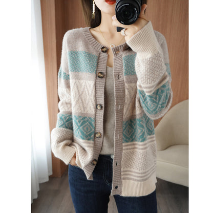 Wool Cardigan Over Top With Round Neck Loose