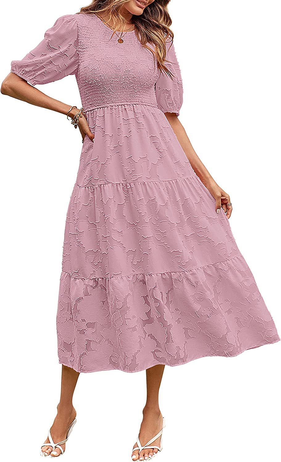 Pleated Puff Sleeve Layered Floral Dress