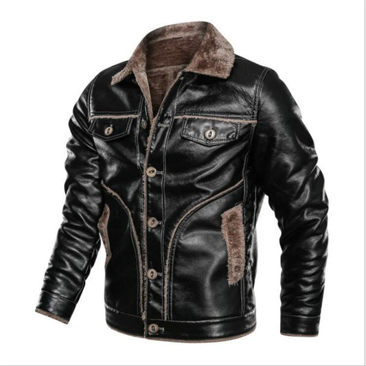 Lapel and Cashmere Men's Casual PU Leather Jacket