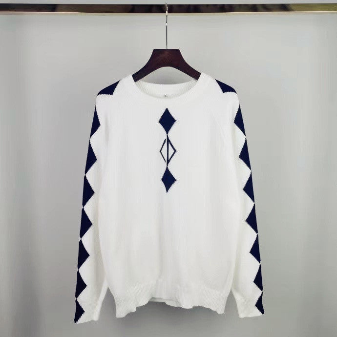 Rhombic Jacquard Casual Versatile Crew Neck Pullover Sweater