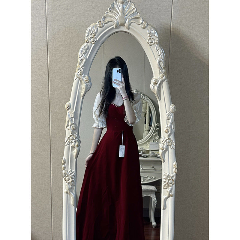 Small Plus Size Wine Red Puff Sleeve Princess High-grade Evening Dress