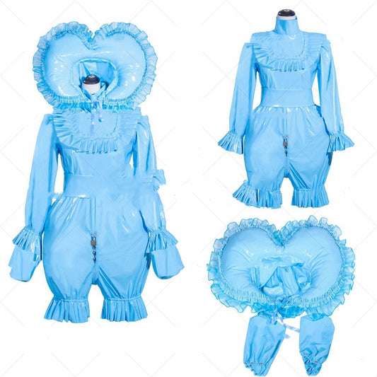 Sky Blue PVC Patent Leather Maid Cosplay Hooded Dress