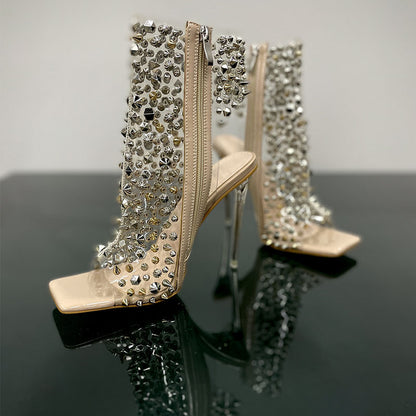 New Fashion Rivet Transparent Stiletto Heel Square Toe Zipper Sandals