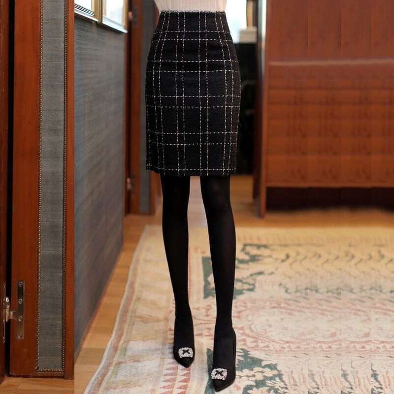 High Waist Plaid Sheath A- Line Slimming Woolen Midi Skirt