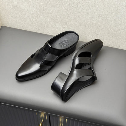 Summer Outer Wear Pointed-toe Authentic Leather Half Slippers Closed Toe Leather Slippers Men