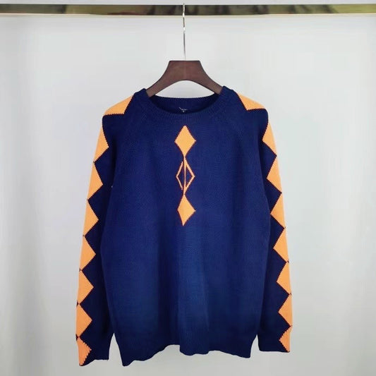 Rhombic Jacquard Casual Versatile Crew Neck Pullover Sweater
