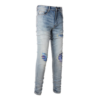Washed Bright White Distressed Cat Beard Patch Ripped Stretch Slim Jeans