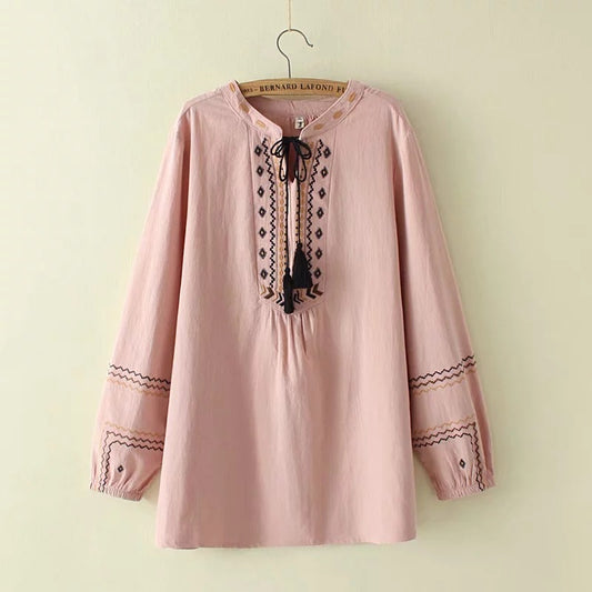 Cotton and linen embroidered fringed lace-up shirt