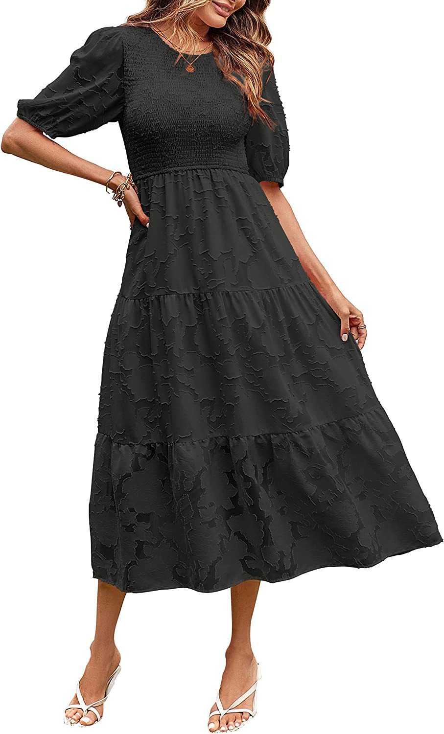 Pleated Puff Sleeve Layered Floral Dress
