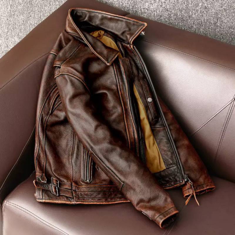 Men's Fashionable Vintage Distressed Cowhide Leather Jacket
