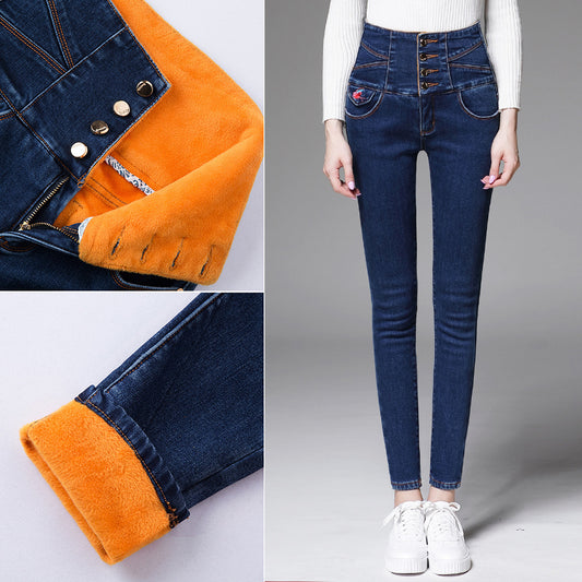 Winter new style velvet thick high-waist jeans