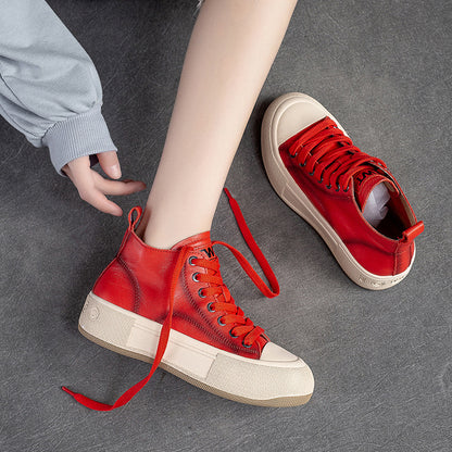 High-top Casual Sneakers First Layer Cowhide Toe Box Women's Shoes Vintage