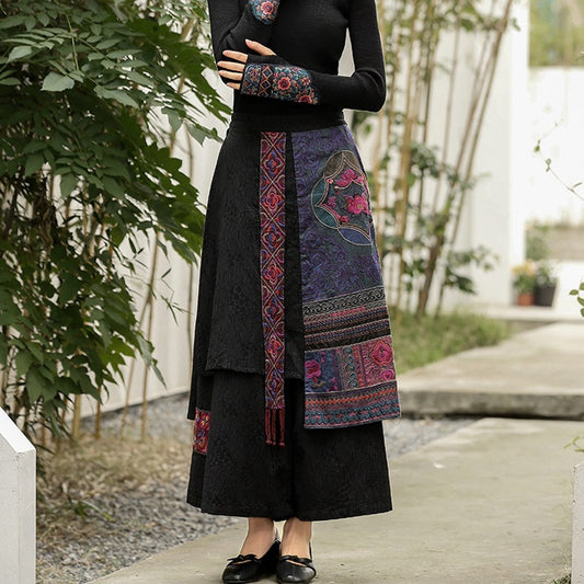 Ladies' National Style Embroidered Wide-leg Pants Tassel Skirt