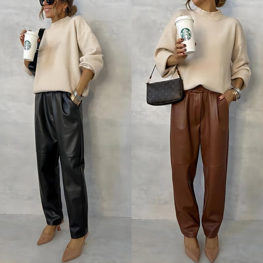 Elastic Waist With Pocket Street Leather Pants Women