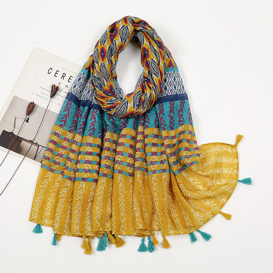 Color Matching Voile Cotton And Linen Scarf Women's Printed Tassel