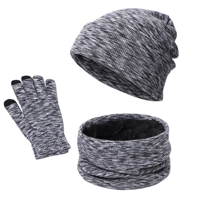 Knitted Three-piece Hat Scarf Touch Screen Gloves Plus Velvet Outdoor Solid Color