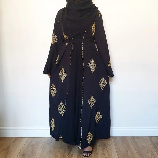 Gold Line Positioning Machine Embroidery Cardigan Dubai Robe