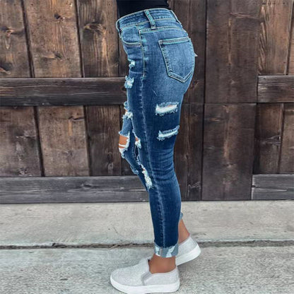 Autumn New European And American Elastic Broken Holes Pants Washed Skinny Skinny Hip Raise Fashion Jeans