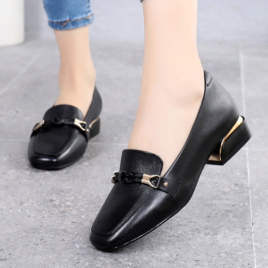 Top Layer Cowhide Leather Shoes Spring Mid-heel Ladies Shoes