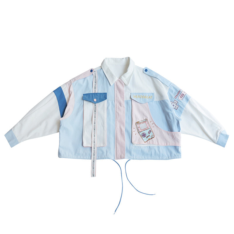 Sweet And Cool Girl Embroidered Big Pocket Letter Ribbon Tooling Loose Color-blocking Jacket