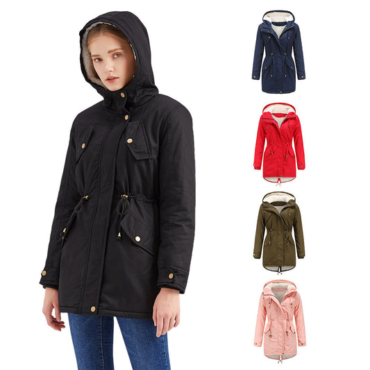 Women's Solid Color Hooded Parka Thick Cotton Plus Fleece Cotton Coat