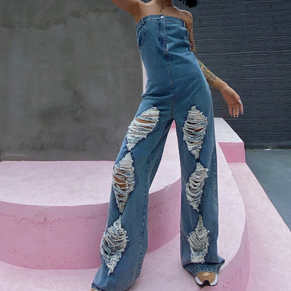 Ripped High-waisted Western-style Straight Wide-leg Denim Jumpsuit