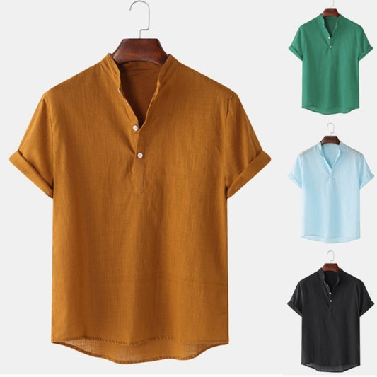 Men's Cotton And Linen Breathable Solid Color Short Sleeve