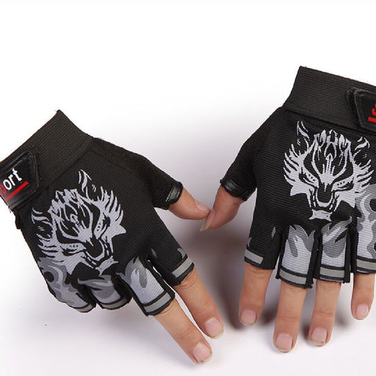 Men's Wolf Head Half Finger Riding Fitness Outdoor Sports Fingerless Gloves
