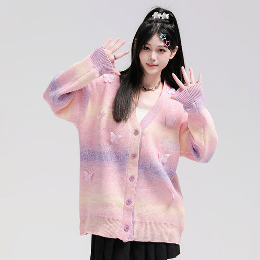 Gradient Rainbow Striped Knitted Cardigan Jacket