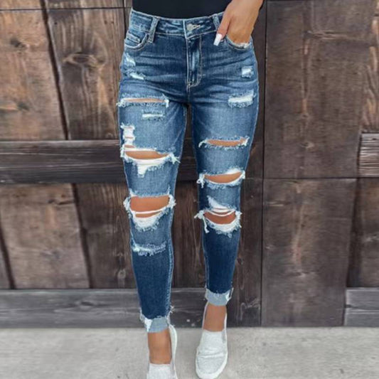 Autumn New European And American Elastic Broken Holes Pants Washed Skinny Skinny Hip Raise Fashion Jeans
