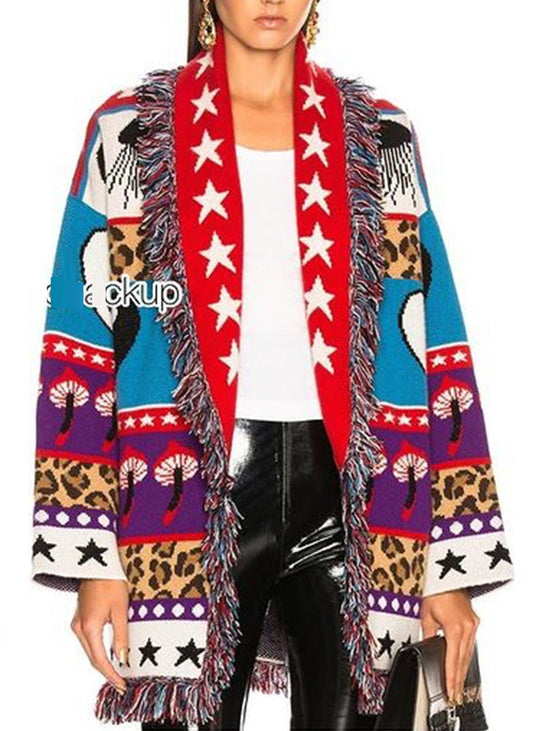 Star Jacquard Cashmere Sweater Cardigan European Style Slim Mid-length Coat