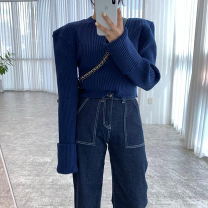 Autumn And Winter Simplicity Bright Line High Waist Slimming Double Pocket One Button Wide Leg Design Jeans Trousers For Women