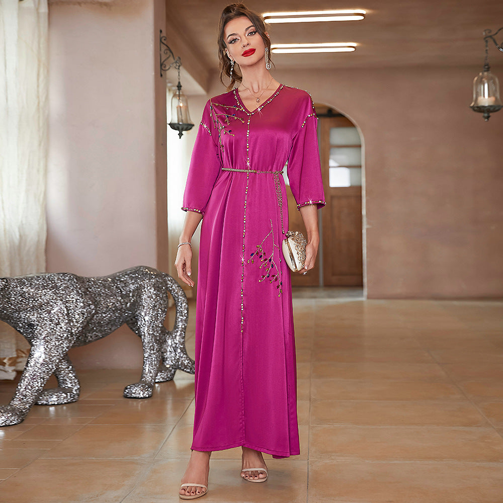 New Satin Mid-sleeve Long Dress Dubai Travel Rhinestone Plus Size Straight Long Dress Desert Clock-in Robe