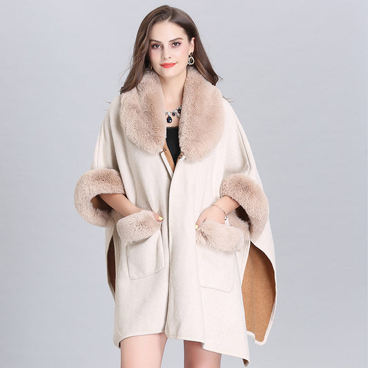 Ladies Fur Collar Lapel Pocket Wool Cardigan Jacket