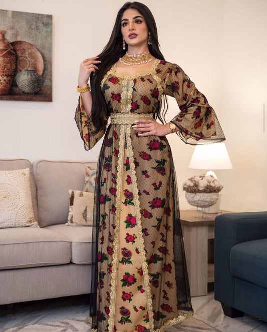 Middle Eastern Ethnic Style Printed Embroidery Lace Mesh Dress Dubai