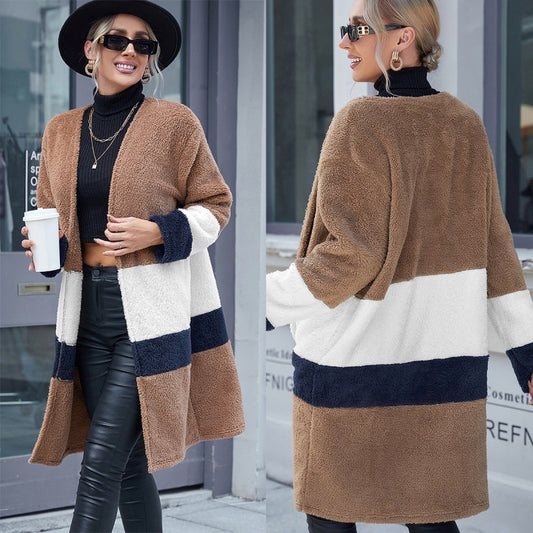 Double-sided Woolen Color-blocking Mid-length Cardigan Windbreaker Jacket