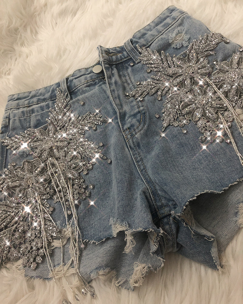 Ripped Jeans With Diamond Flowers