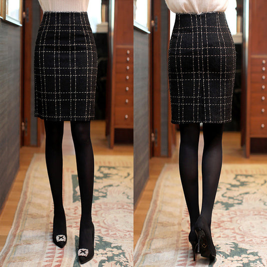 High Waist Plaid Sheath A- Line Slimming Woolen Midi Skirt