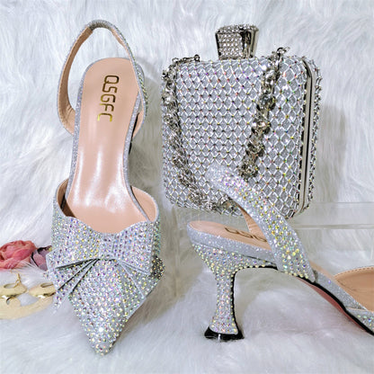 Solid Color Pointy Fashion Sandals Combination Metal Diamond Chain Handbag