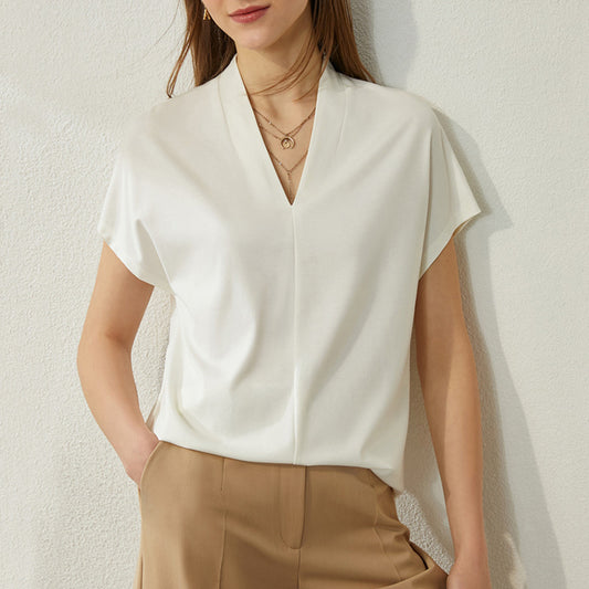 V-neck Short-sleeved T-shirt Women's Design Sense White Loose Solid Color Top