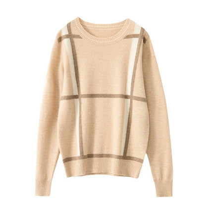 Pure Cashmere Round Neck Check Bottoming Wool Sweater Women