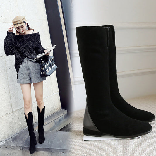 Women's New Leather Scrub Thick Heel High Boots