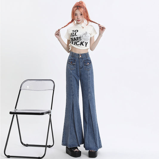 High Waist Double Buckle Stitching Wide Leg Skinny Jeans For Women
