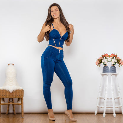 Shascullfites Bodysuit Dark Blue Denim Zipper Body Shaper Middle Waist Butt Lift Jeans Set Of Two Fashion Pieces For Women