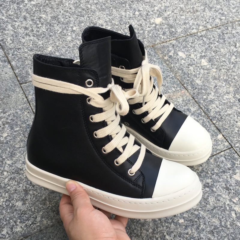 Men's Leather Cream Thick Soled Lace Up Casual High Top Board Shoes