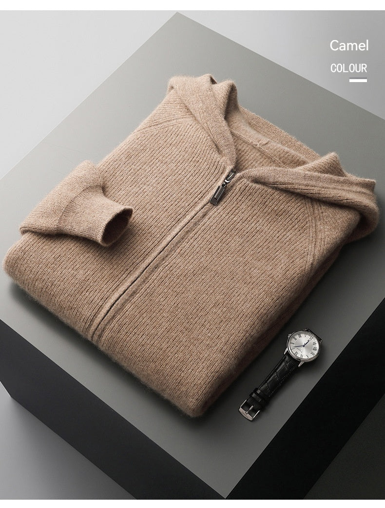 Fall Winter Men Woolen Sweater Young And Middle-aged Casual Hooded Zipper Cardigan Pure Wool Sportswear