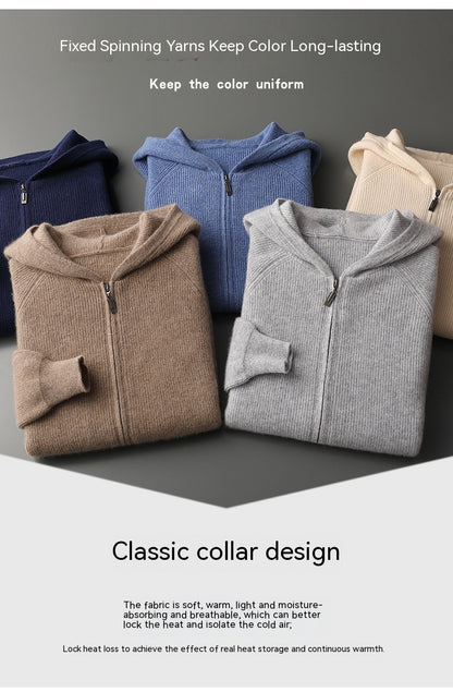 Fall Winter Men Woolen Sweater Young And Middle-aged Casual Hooded Zipper Cardigan Pure Wool Sportswear