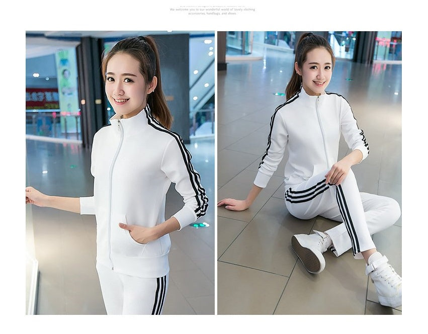 Spring and Autumn New Korean Fashion Running Sportswear Set Female Student Stand Collar Three Bars Two Piece Set Women
