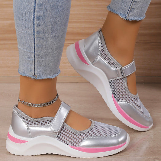 حذاء نسائي كاجوال بجزء سفلي سميك يسمح بالتهوية وشريط فيلكرو نسائي ذو سطح شبكي