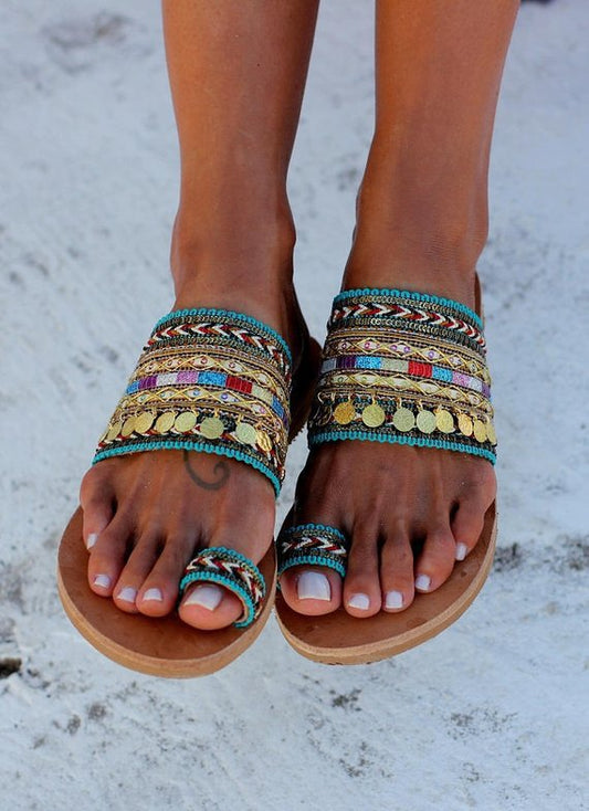 Ethnic Style Metal Decorative Flat Bottom Ladies Toe Sandals